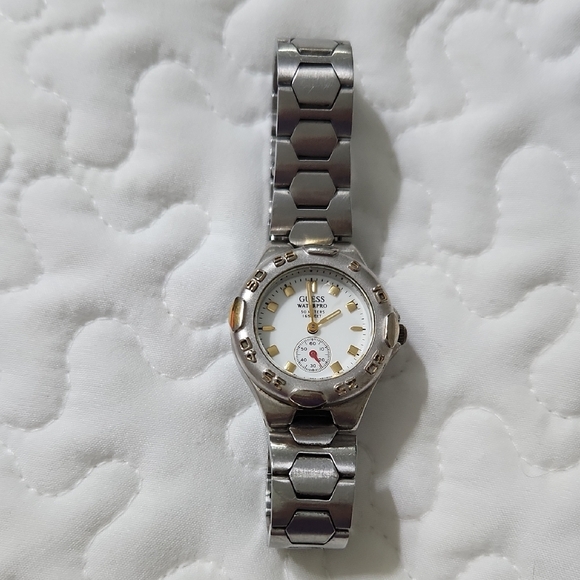 Guess Accessories - Guess Silver Watch with White Dial and Gold Details